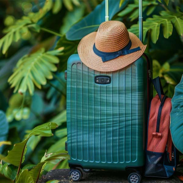 a suitcase with a hat and a backpack